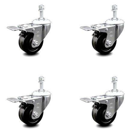 Service Caster 3.5 Inch Phenolic Swivel 10mm Threaded Stem Caster Set with Total Lock Brake SCC-TSTTL20S3514-PHR-M1015-4